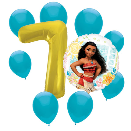 Moana 7th birthday set main: number 7 foil, themed foil and 8 matching latex balloons