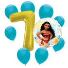 Moana 7th birthday set main: number 7 foil, themed foil and 8 matching latex balloons