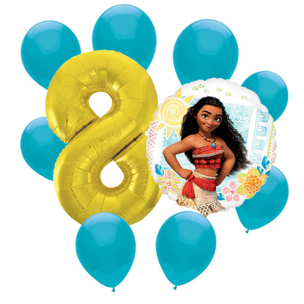 Moana 8th birthday set main: number 8 foil, themed foil and 8 matching latex balloons