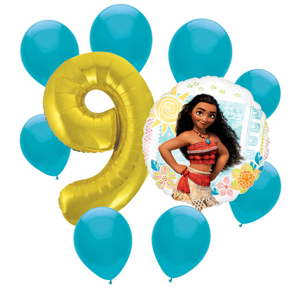 Moana 9th birthday set main: number 9 foil, themed foil and 8 matching latex balloons