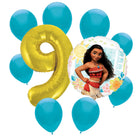 Moana 9th birthday set main: number 9 foil, themed foil and 8 matching latex balloons
