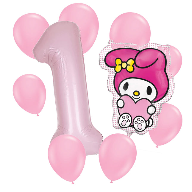 My Melody 1st birthday set main: number 1 foil, themed foil and 8 matching latex balloons