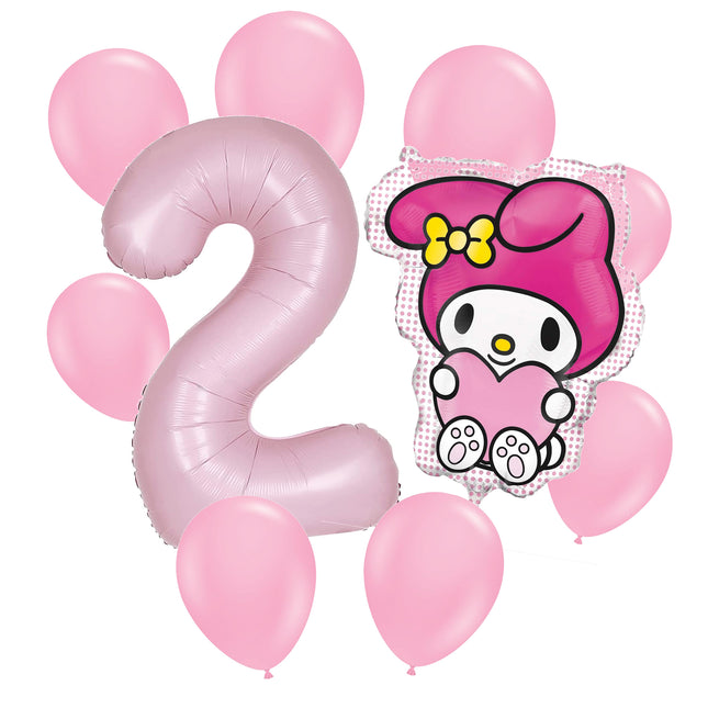 My Melody 2nd birthday set main: number 2 foil, themed foil and 8 matching latex balloons