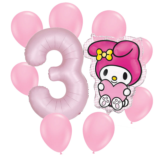 My Melody 3rd birthday set main: number 3 foil, themed foil and 8 matching latex balloons