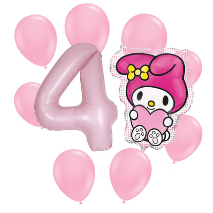 My Melody 4th birthday set main: number 4 foil, themed foil and 8 matching latex balloons