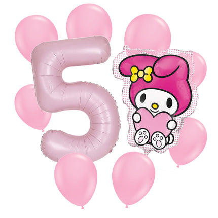 My Melody 5th birthday set main: number 5 foil, themed foil and 8 matching latex balloons