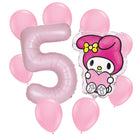My Melody 5th birthday set main: number 5 foil, themed foil and 8 matching latex balloons