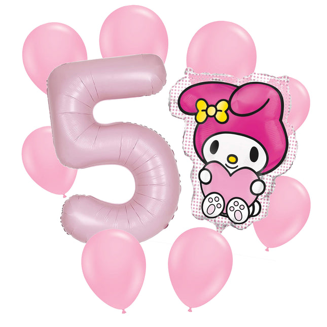 My Melody 5th birthday set main: number 5 foil, themed foil and 8 matching latex balloons