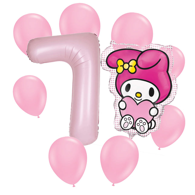 My Melody 7th birthday set main: number 7 foil, themed foil and 8 matching latex balloons