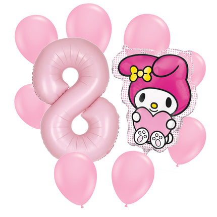 My Melody 8th birthday set main: number 8 foil, themed foil and 8 matching latex balloons