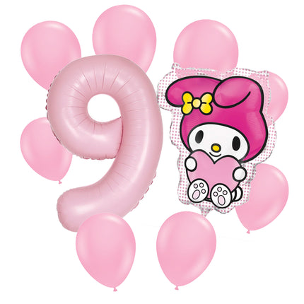 My Melody 9th birthday set main: number 9 foil, themed foil and 8 matching latex balloons