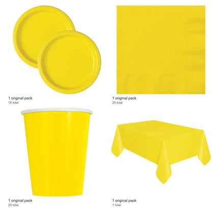 Neon Yellow Solid Coordinated Party Supplies Set for 16 Guests - included packs and quantities