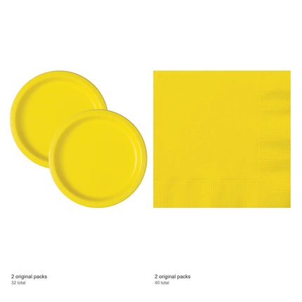 Neon Yellow Solid Dinner Plates and Napkins Set for 32 Guests - included packs and quantities