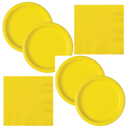Neon Yellow Solid Dinner Plates and Napkins Set for 32 Guests - set overview