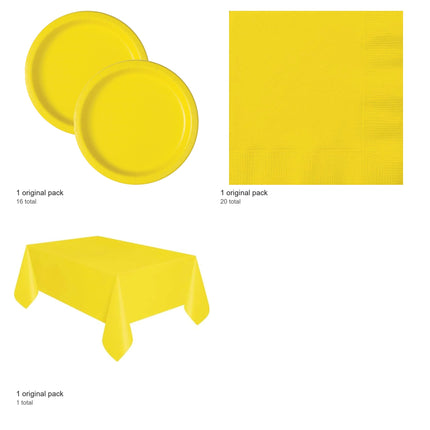 Neon Yellow Solid Plates, Napkins and Tablecloth Set for 16 Guests - included packs and quantities