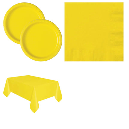 Neon Yellow Solid Plates, Napkins and Tablecloth Set for 16 Guests - set overview