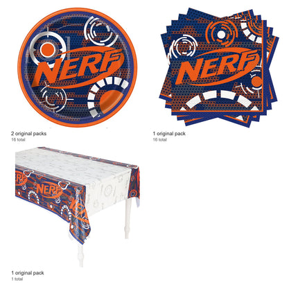 Nerf Plates, Napkins and Tablecloth Set for 16 Guests - included packs and quantities