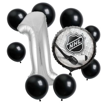 NHL Hockey 1st birthday set main: number 1 foil, themed foil and 8 matching latex balloons