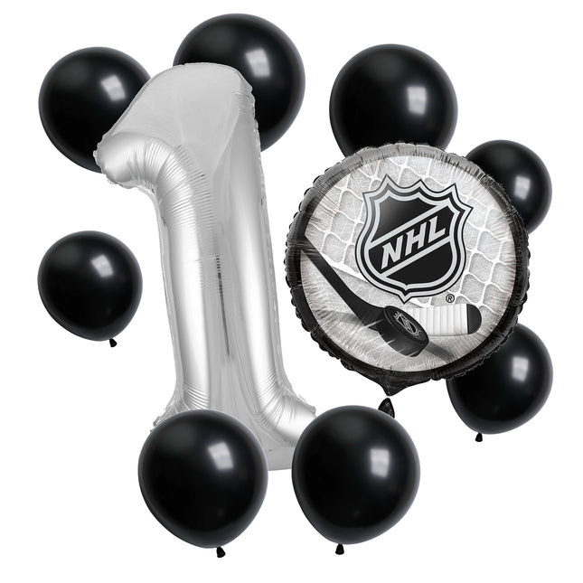 NHL Hockey 1st birthday set main: number 1 foil, themed foil and 8 matching latex balloons