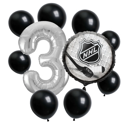 NHL Hockey 3rd birthday set main: number 3 foil, themed foil and 8 matching latex balloons