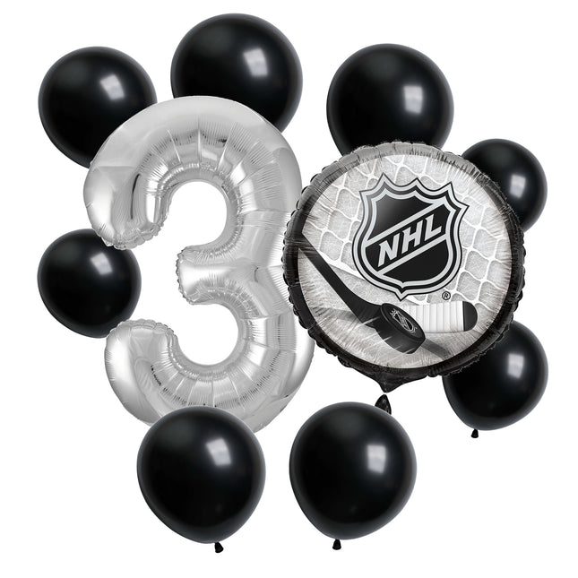 NHL Hockey 3rd birthday set main: number 3 foil, themed foil and 8 matching latex balloons