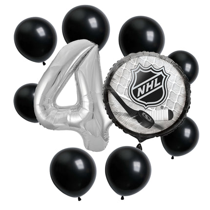 NHL Hockey 4th birthday set main: number 4 foil, themed foil and 8 matching latex balloons