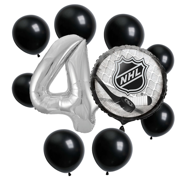 NHL Hockey 4th birthday set main: number 4 foil, themed foil and 8 matching latex balloons
