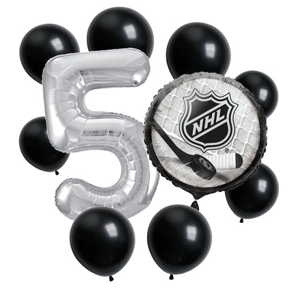 NHL Hockey 5th birthday set main: number 5 foil, themed foil and 8 matching latex balloons