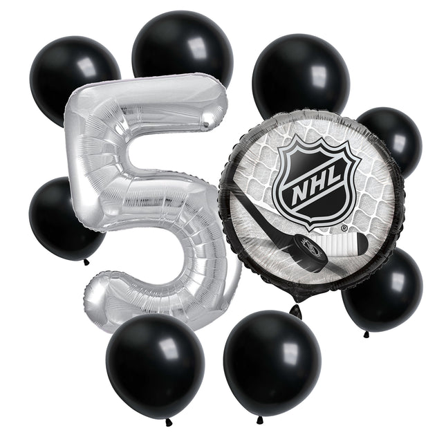 NHL Hockey 5th birthday set main: number 5 foil, themed foil and 8 matching latex balloons