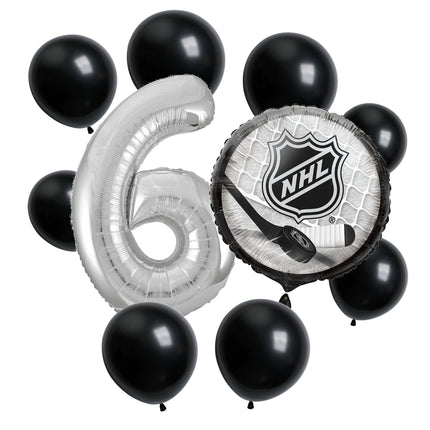 NHL Hockey 6th birthday set main: number 6 foil, themed foil and 8 matching latex balloons