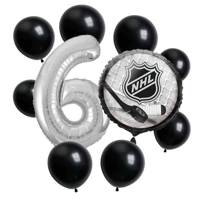 NHL Hockey 6th birthday set main: number 6 foil, themed foil and 8 matching latex balloons