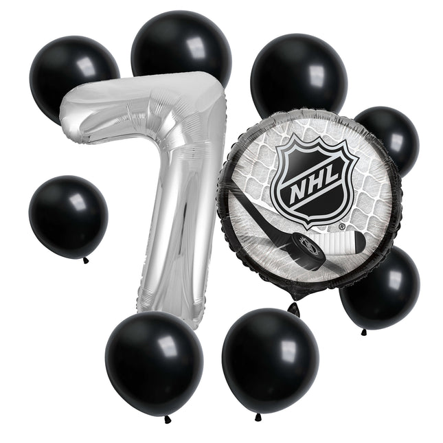 NHL Hockey 7th birthday set main: number 7 foil, themed foil and 8 matching latex balloons