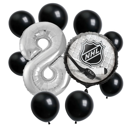 NHL Hockey 8th birthday set main: number 8 foil, themed foil and 8 matching latex balloons