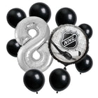 NHL Hockey 8th birthday set main: number 8 foil, themed foil and 8 matching latex balloons