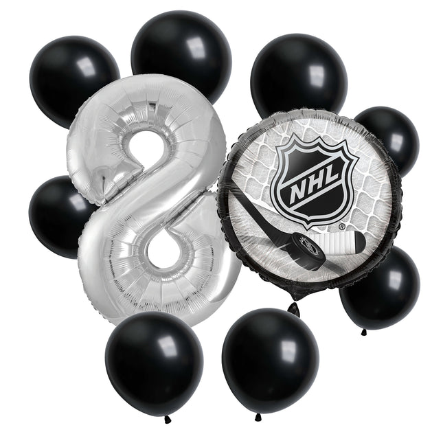 NHL Hockey 8th birthday set main: number 8 foil, themed foil and 8 matching latex balloons