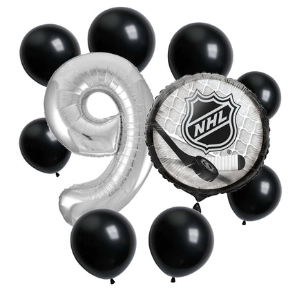 NHL Hockey 9th birthday set main: number 9 foil, themed foil and 8 matching latex balloons