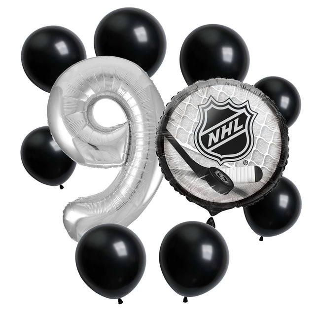 NHL Hockey 9th birthday set main: number 9 foil, themed foil and 8 matching latex balloons