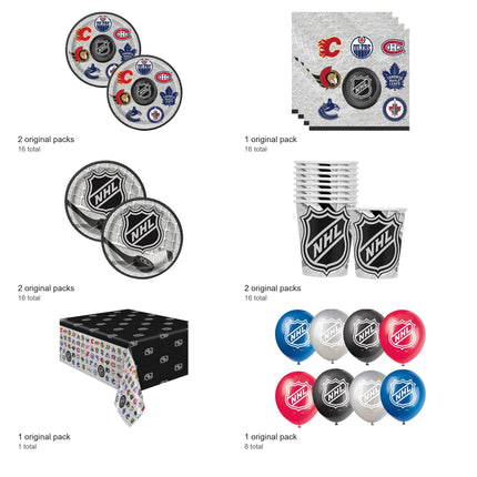 NHL Hockey Party Supplies and Latex Balloons Set for 16 Guests - included packs and quantities