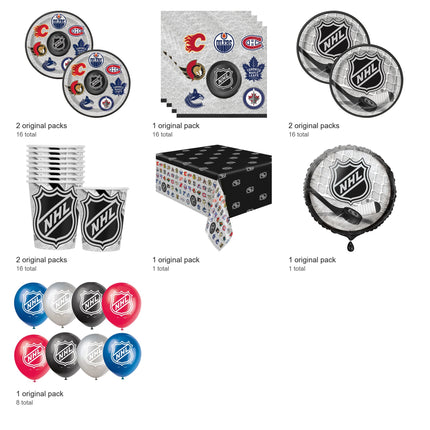 NHL Hockey Party Supplies, Foil and Latex Balloons Set for 16 Guests - included packs and quantities