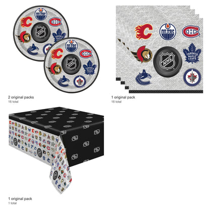 NHL Hockey Plates, Napkins and Tablecloth Set for 16 Guests - included packs and quantities