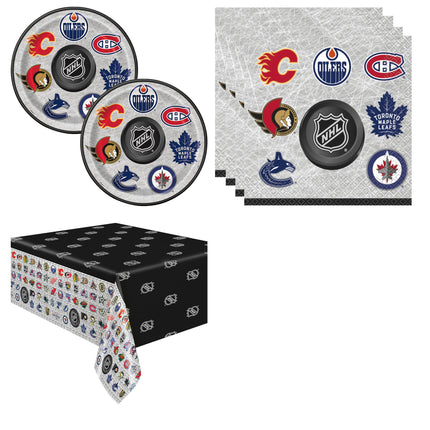 NHL Hockey Plates, Napkins and Tablecloth Set for 16 Guests - set overview