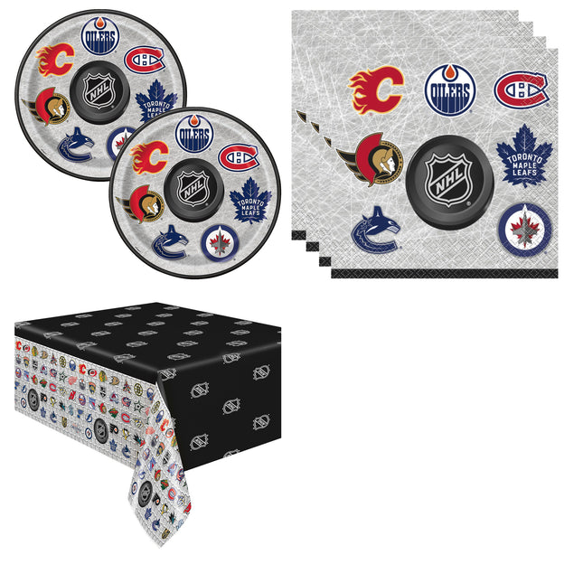 NHL Hockey Plates, Napkins and Tablecloth Set for 16 Guests - set overview