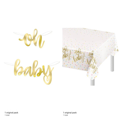 Oh Baby Gold Baby Shower Banner and Tablecloth Decoration Set - included packs and quantities