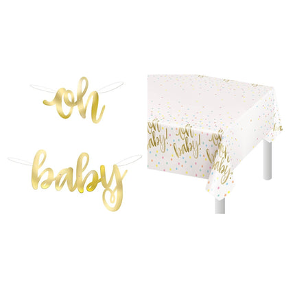 Oh Baby Gold Baby Shower Banner and Tablecloth Decoration Set - set overview