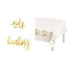 Oh Baby Gold Baby Shower Banner and Tablecloth Decoration Set - set overview