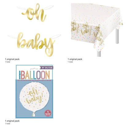 Oh Baby Gold Baby Shower Banner, Tablecloth and Foil Balloon Set - included packs and quantities