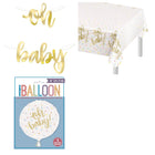 Oh Baby Gold Baby Shower Banner, Tablecloth and Foil Balloon Set - set overview