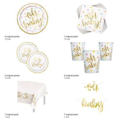 Oh Baby Gold Baby Shower Coordinated Party Supplies Set for 16 Guests - included packs and quantities