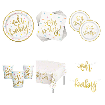 Oh Baby Gold Baby Shower Coordinated Party Supplies Set for 16 Guests - set overview