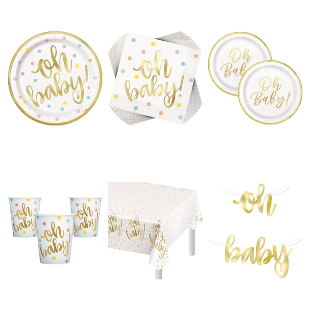 Oh Baby Gold Baby Shower Coordinated Party Supplies Set for 16 Guests - set overview